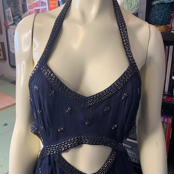 Free People Navy Blue Beaded Cutout Mini Club Dress - Picture 4 of 13